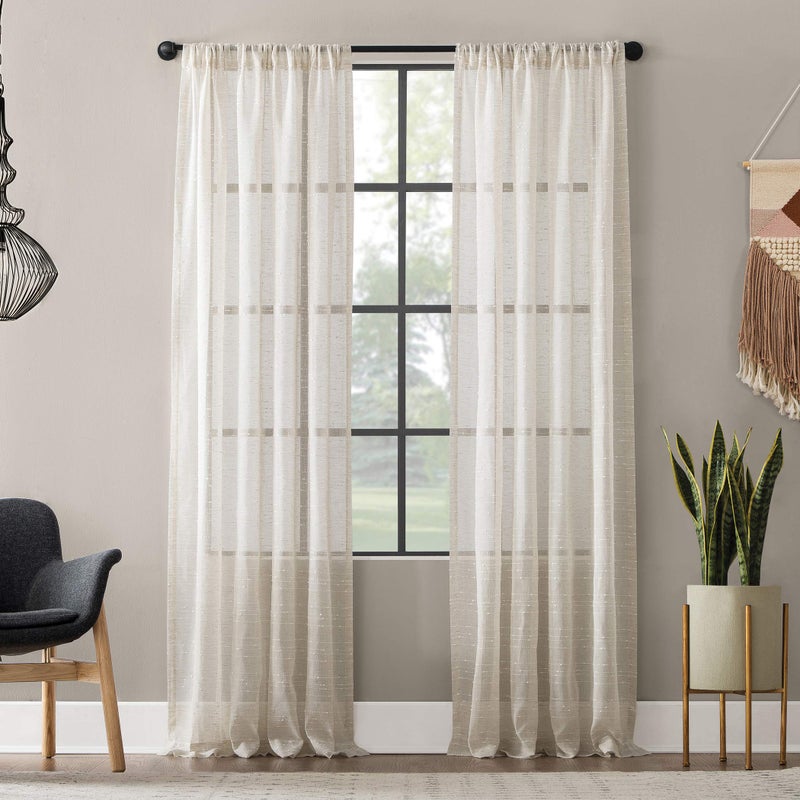 Clean Window Textured Slub Stripe Anti-Dust Allergy/Pet Friendly Sheer Curtain Panel, Linen, 52" W x 95" L (1 Panel) - Image 1